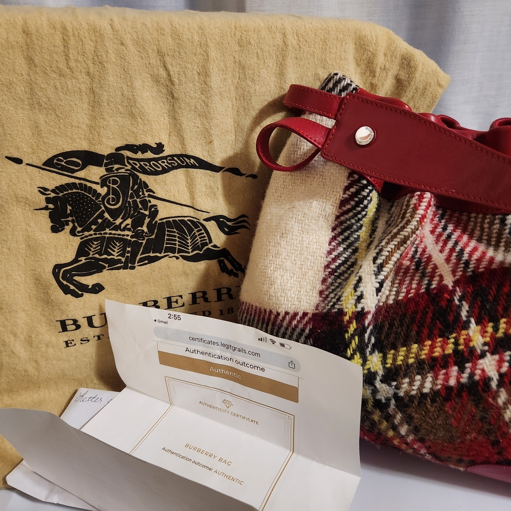 Burberry Plaid Wool Bag with Red Leather Trim